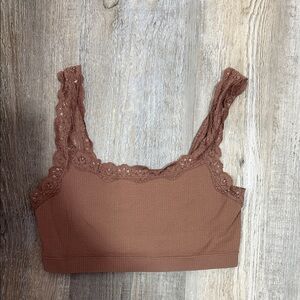 Garage Ribbed Lace-Trim Bralette in Mauve Brown